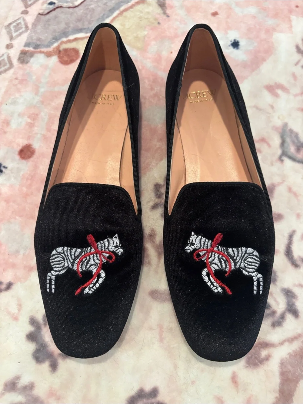 J. Crew Women’s Black Velvet Loafers with Embroidered Zebra and Red Bow Size 9.5